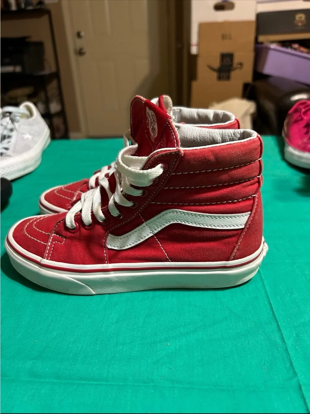 Vans Kids Red and White High Top Skate Sneakers